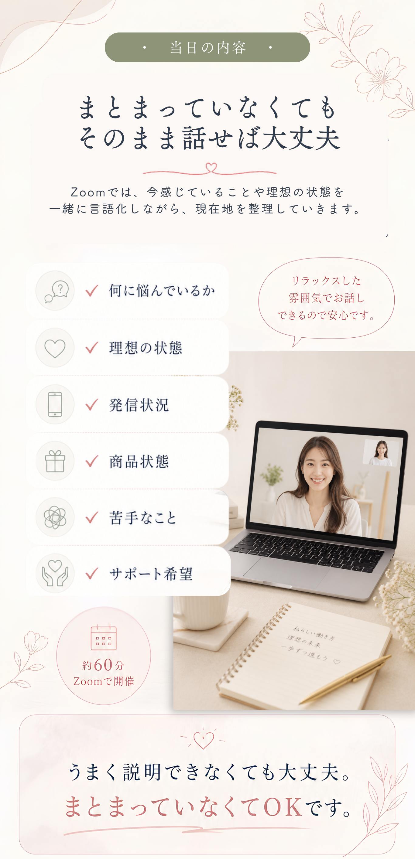 相談で整理する内容。現在地、SNS導線、申し込みにつながらない原因など。